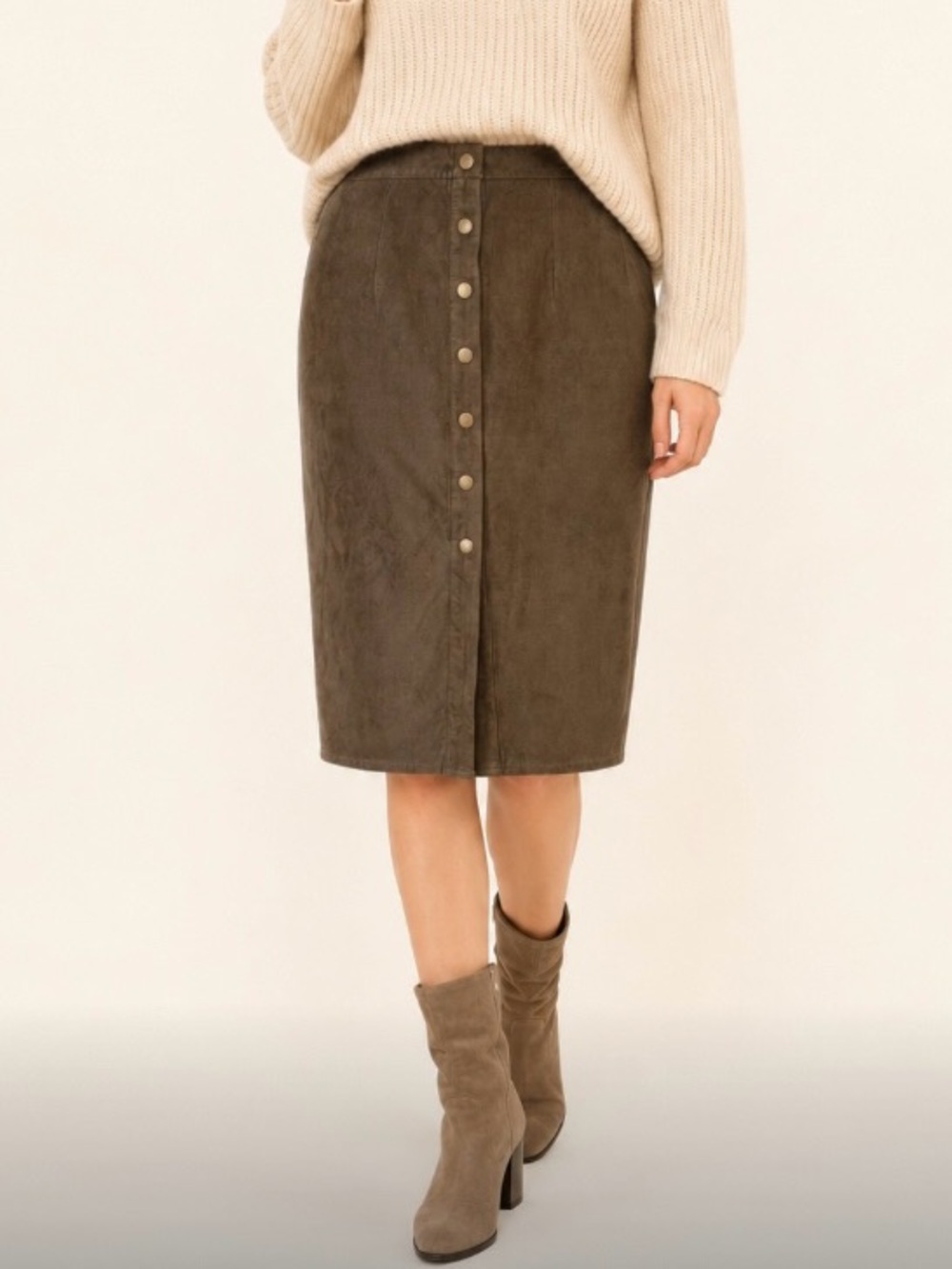 REVAMPED Premium Collection Faux Suede Khaki Green Pencil Midi Skirt
